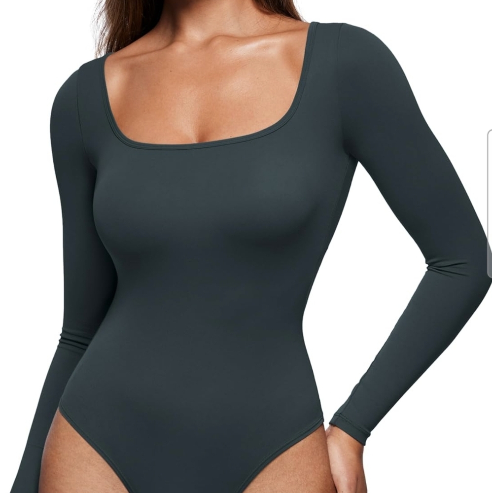 NWOT Women's Long Sleeve Dark Forest Green Thong Bodysuit with Snap Closure- XXS